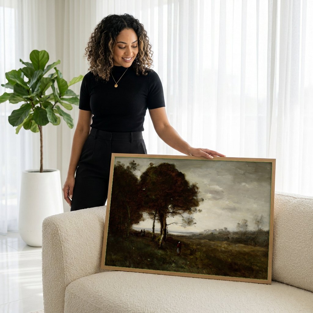 Quadro Decorativo Paisagem com Figuras - Corot | modelo apresentando o quadro emoldurado
