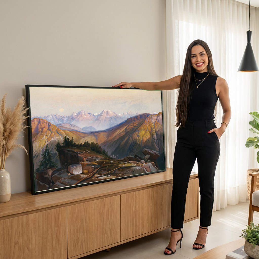 Quadro Decorativo Cume das Montanhas Rochosas - Thomas Moran | modelo apresentando o quadro emoldurado