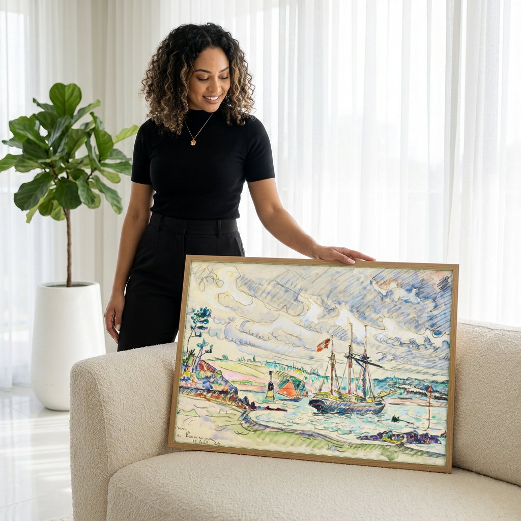 Quadro Decorativo 'Cathrin' - Paul Signac | modelo apresentando o quadro emoldurado