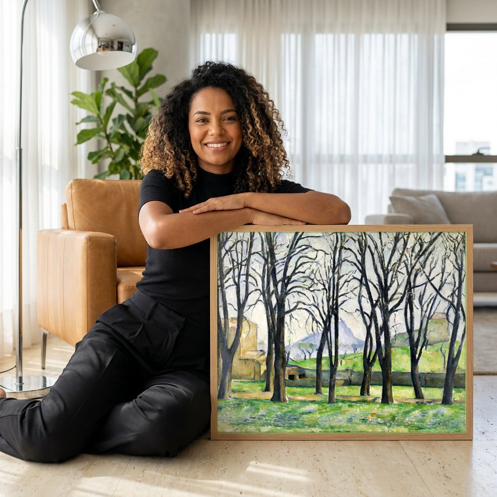Quadro Decorativo Árvores e Casas - Paul Cézanne | modelo apresentando o quadro emoldurado