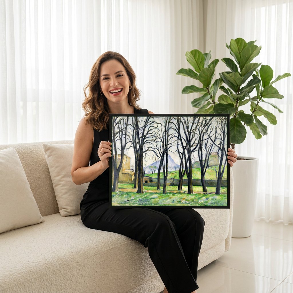 Quadro Decorativo Árvores e Casas - Paul Cézanne | modelo apresentando o quadro emoldurado