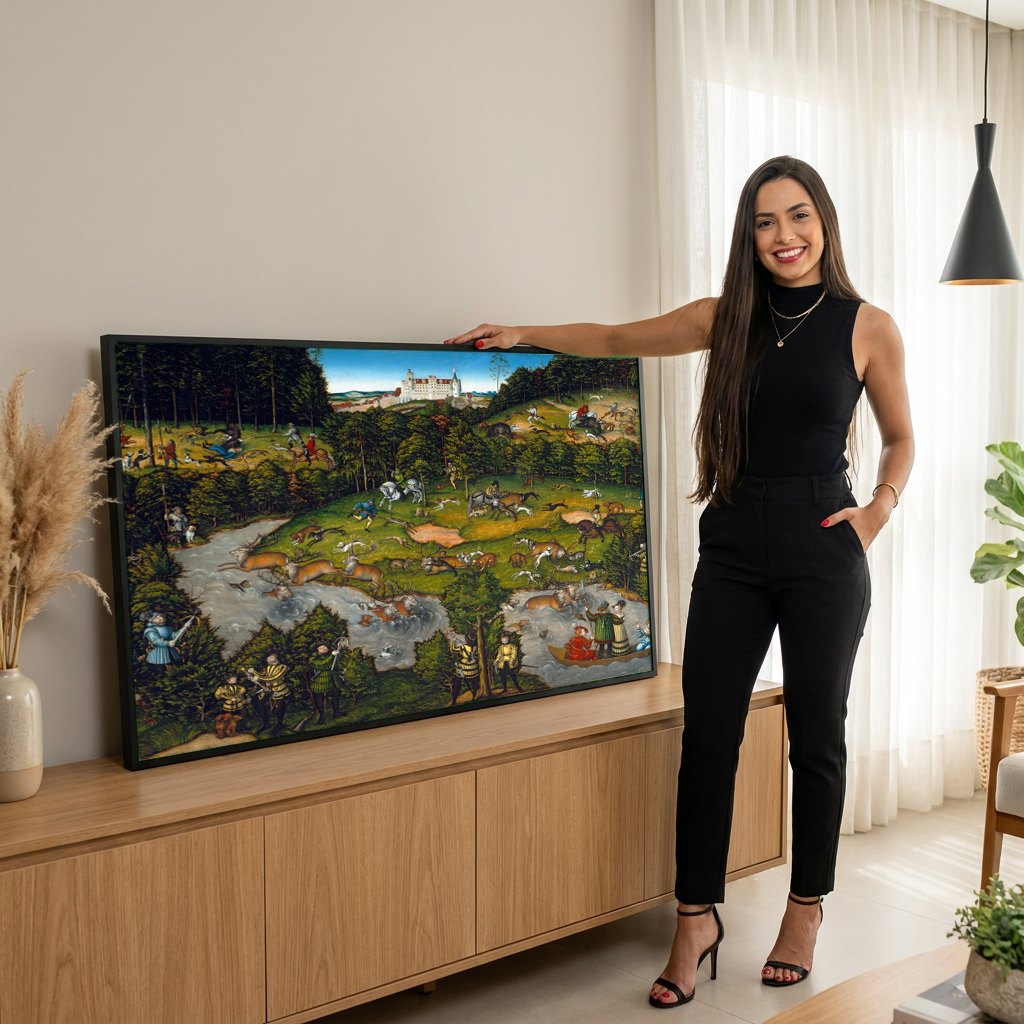 Quadro Decorativo A Caça ao Veado - Cranach, o Velho | modelo apresentando o quadro emoldurado