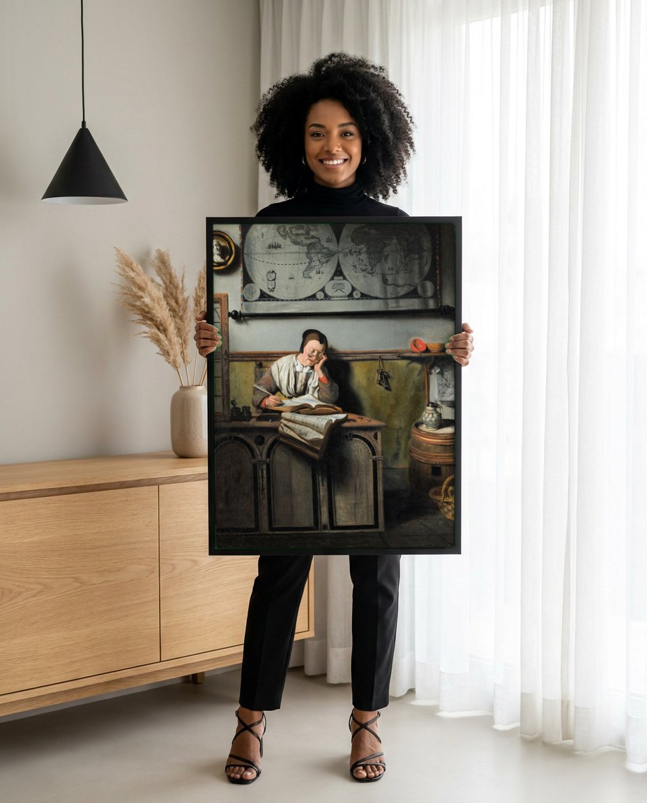 Quadro Decorativo A Contabilista Adormecida - Nicolaes Maes | modelo apresentando o quadro emoldurado