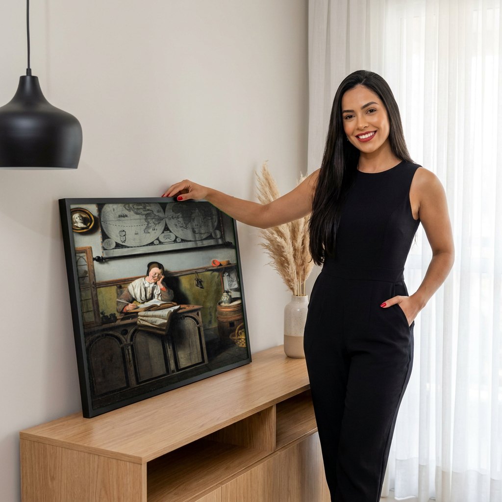 Quadro Decorativo A Contabilista Adormecida - Nicolaes Maes | modelo apresentando o quadro emoldurado