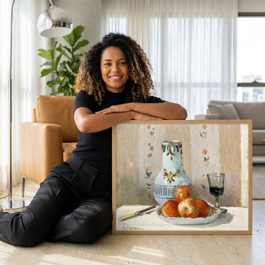 Quadro Decorativo Natureza-Morta com Maçãs - Pissarro | modelo apresentando o quadro emoldurado