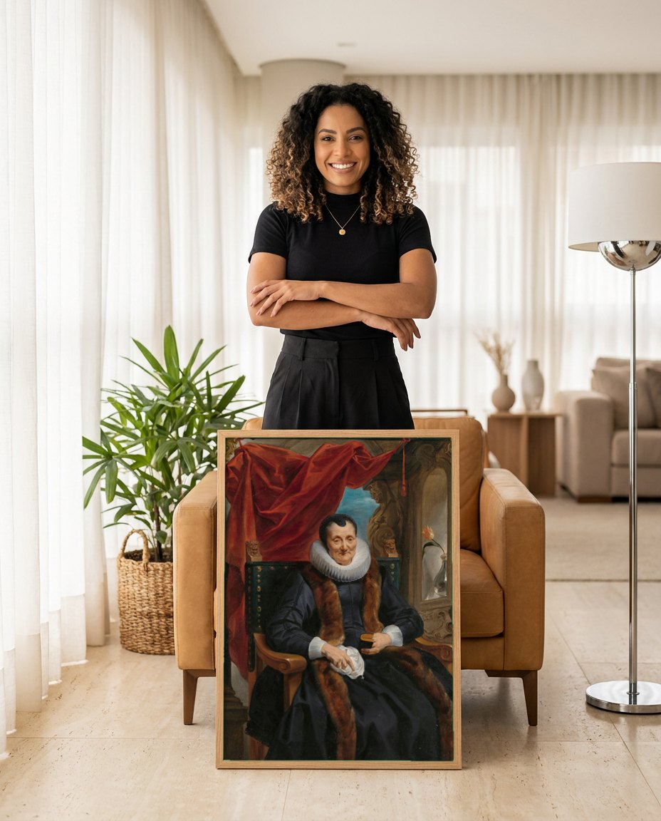 Quadro Decorativo Retrato de Senhora - Jacob Jordaens | modelo apresentando o quadro emoldurado
