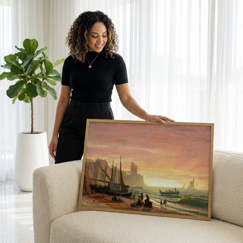 Quadro Decorativo Pescadores ao Entardecer - Albert Bierstadt | modelo apresentando o quadro emoldurado