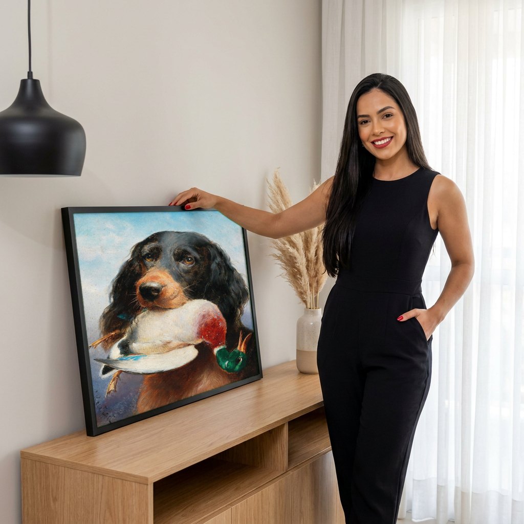 Quadro Decorativo Cão de Caça com Pato - Carl Reichert | modelo apresentando o quadro emoldurado