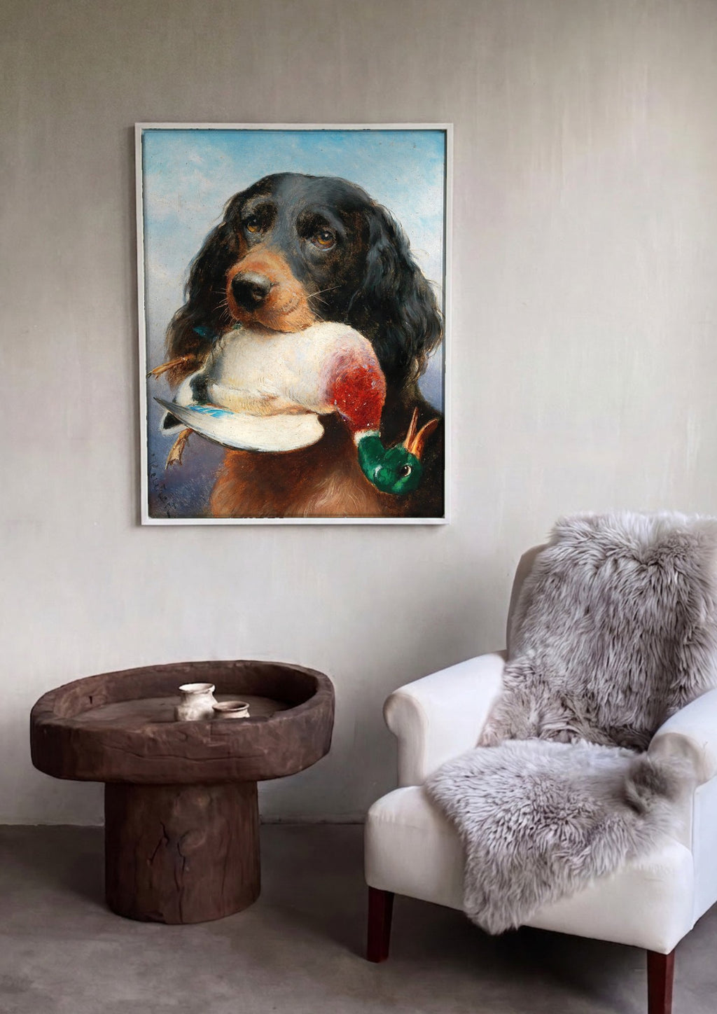 Quadro Decorativo Cão de Caça com Pato - Carl Reichert | quadro emoldurado na parede