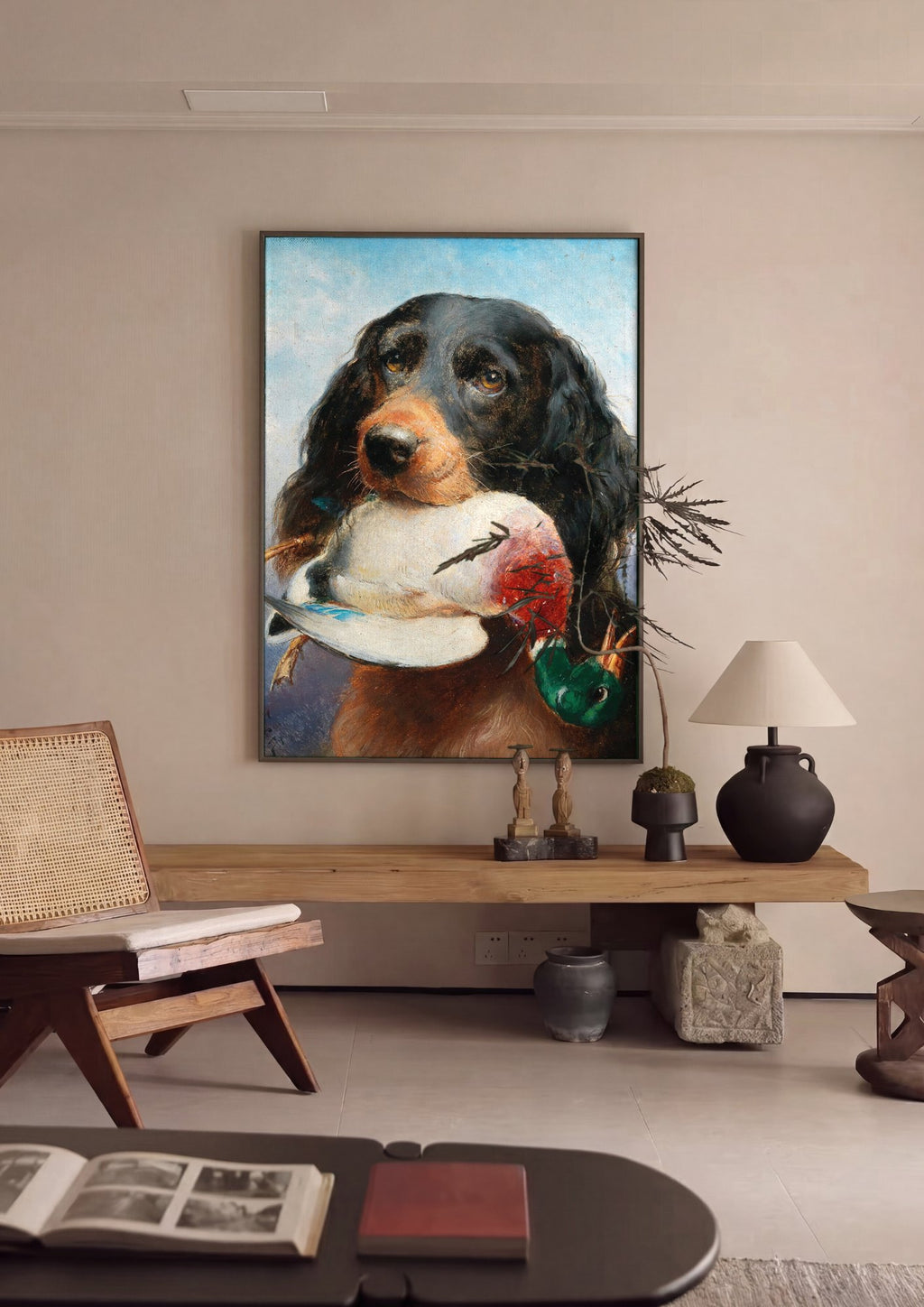 Quadro Decorativo Cão de Caça com Pato - Carl Reichert | quadro emoldurado na parede