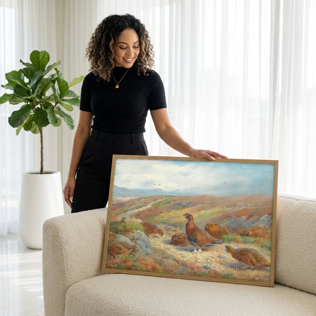 Quadro Decorativo Aves na Charneca Escocesa - Thorburn | modelo apresentando o quadro emoldurado