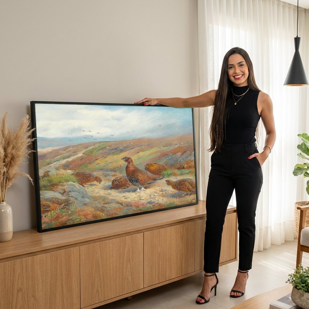 Quadro Decorativo Aves na Charneca Escocesa - Thorburn | modelo apresentando o quadro emoldurado