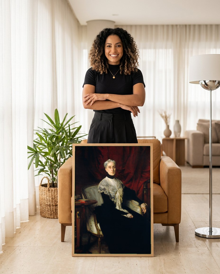 Quadro Decorativo Senhora com Xale Branco - John Singer Sargent | modelo apresentando o quadro emoldurado