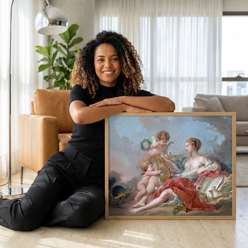 Quadro Decorativo A Música - François Boucher | modelo apresentando o quadro emoldurado