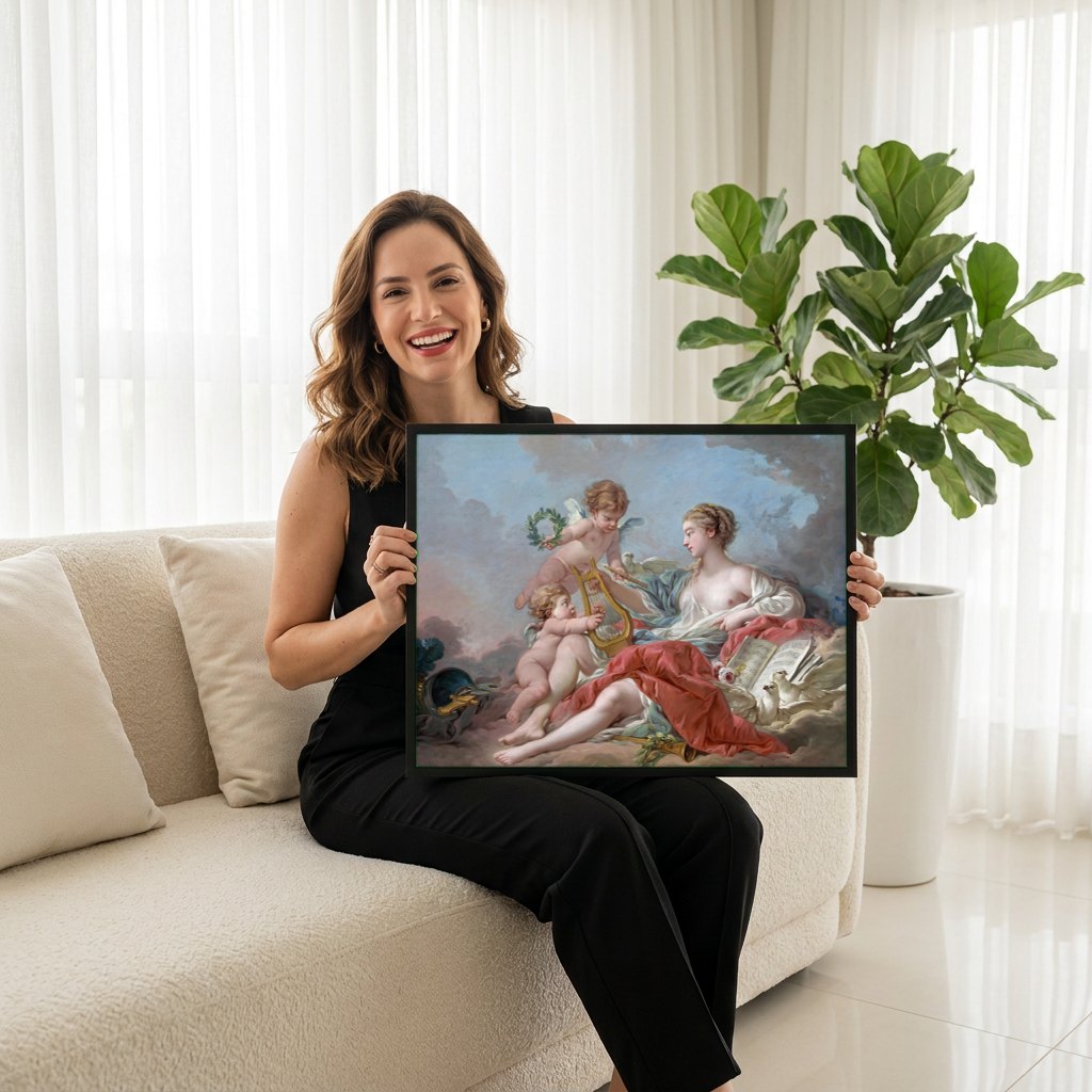 Quadro Decorativo A Música - François Boucher | modelo apresentando o quadro emoldurado