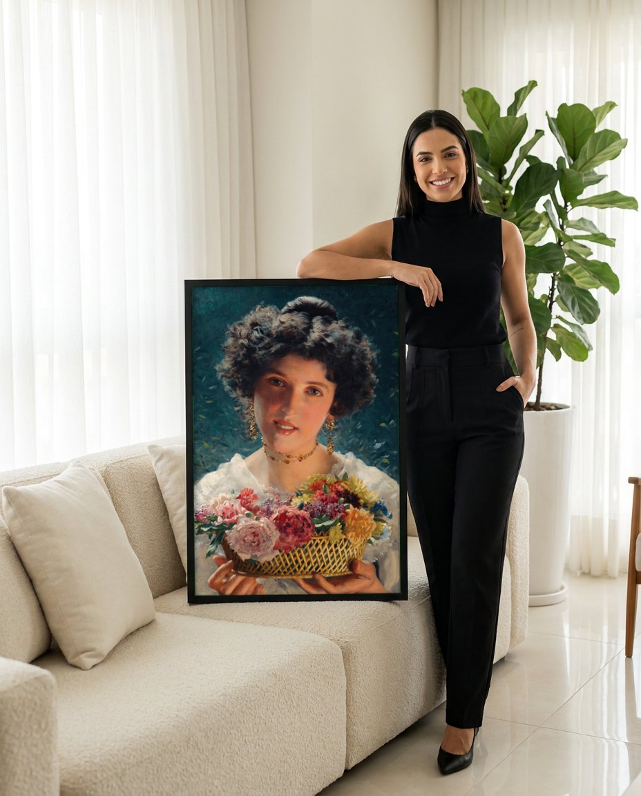 Quadro Decorativo A Cesta de Flores - Czachórski | modelo apresentando o quadro emoldurado