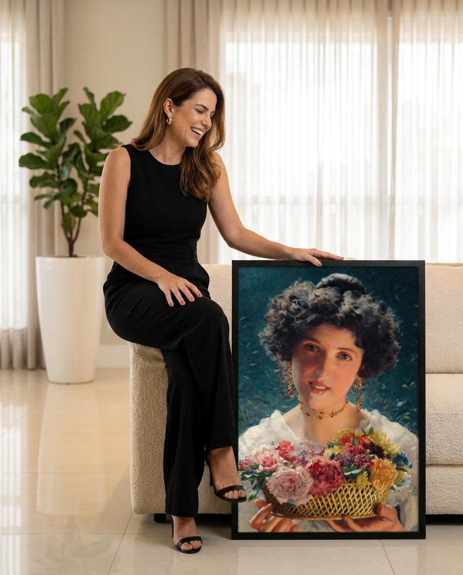 Quadro Decorativo A Cesta de Flores - Czachórski | modelo apresentando o quadro emoldurado