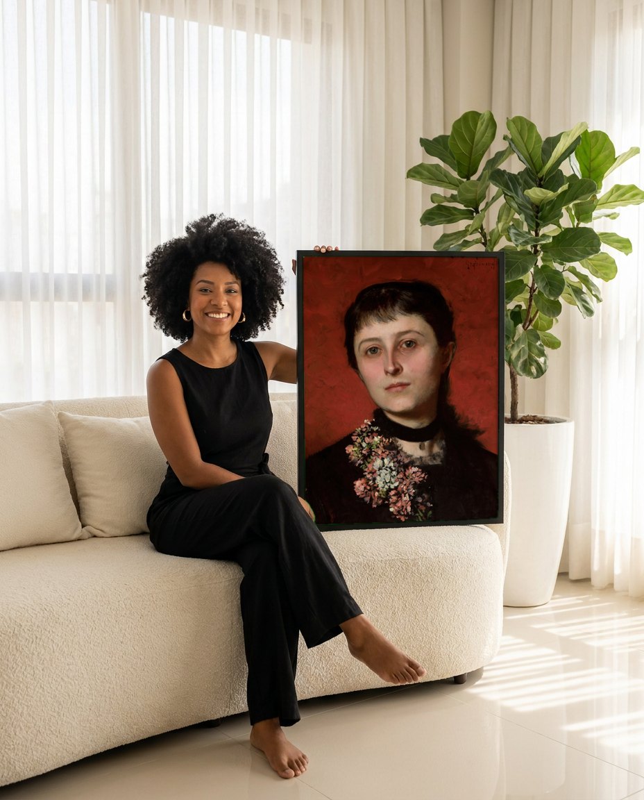 Quadro Decorativo Retrato de Mulher - Czachórski | modelo apresentando o quadro emoldurado
