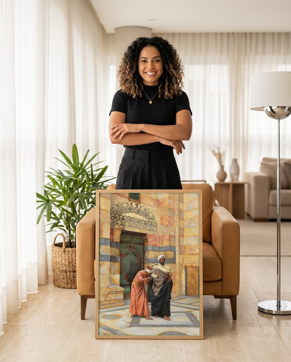 Quadro Decorativo A Oferta - Ludwig Deutsch | modelo apresentando o quadro emoldurado