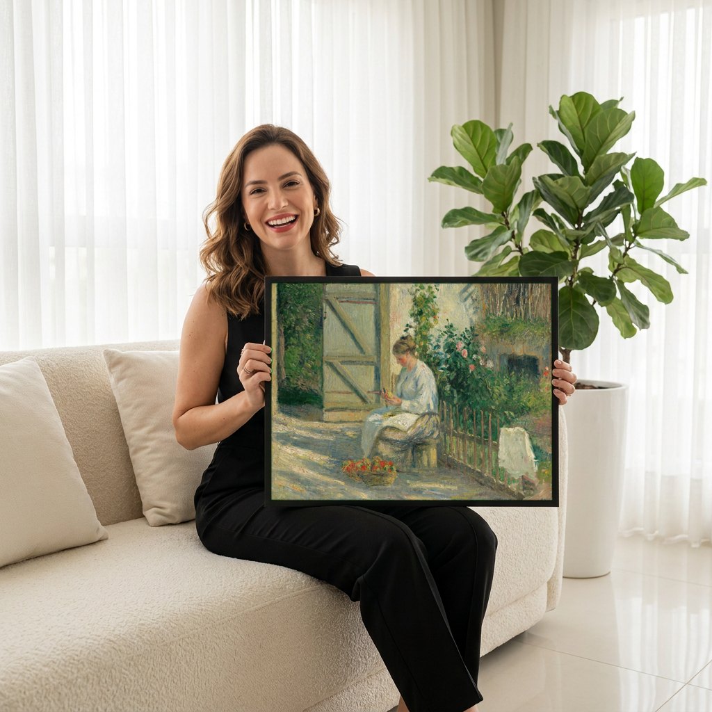 Quadro Decorativo Mulher Descascando Maçãs - Camille Pissarro | modelo apresentando o quadro emoldurado
