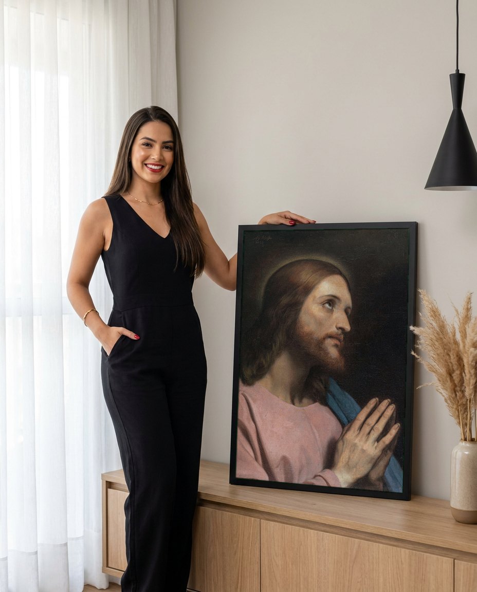 Quadro Decorativo Jesus em Oração - Ary Scheffer | modelo apresentando o quadro emoldurado