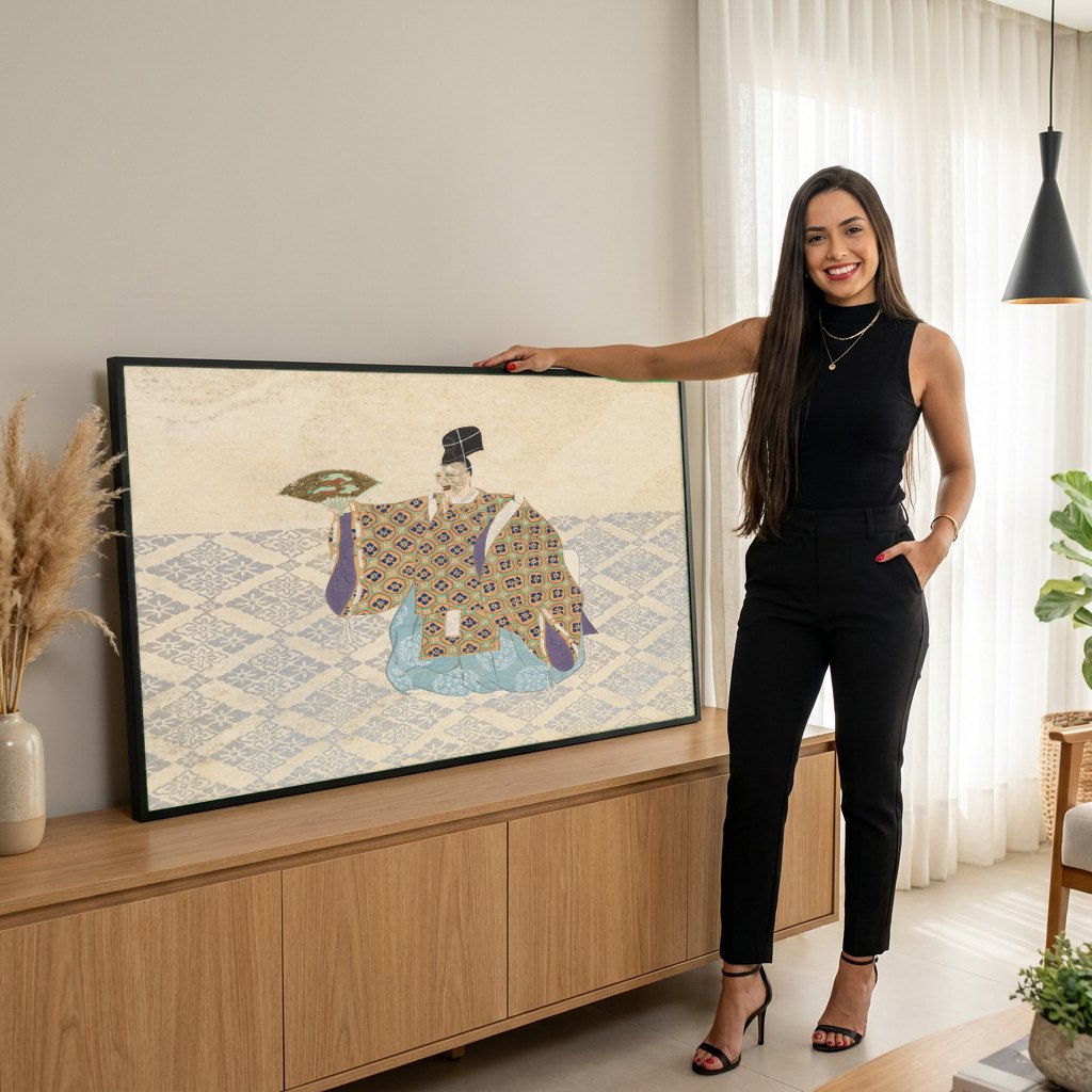 Quadro Decorativo Figura Japonesa Tradicional - Kamisaka Sekka | modelo apresentando o quadro emoldurado