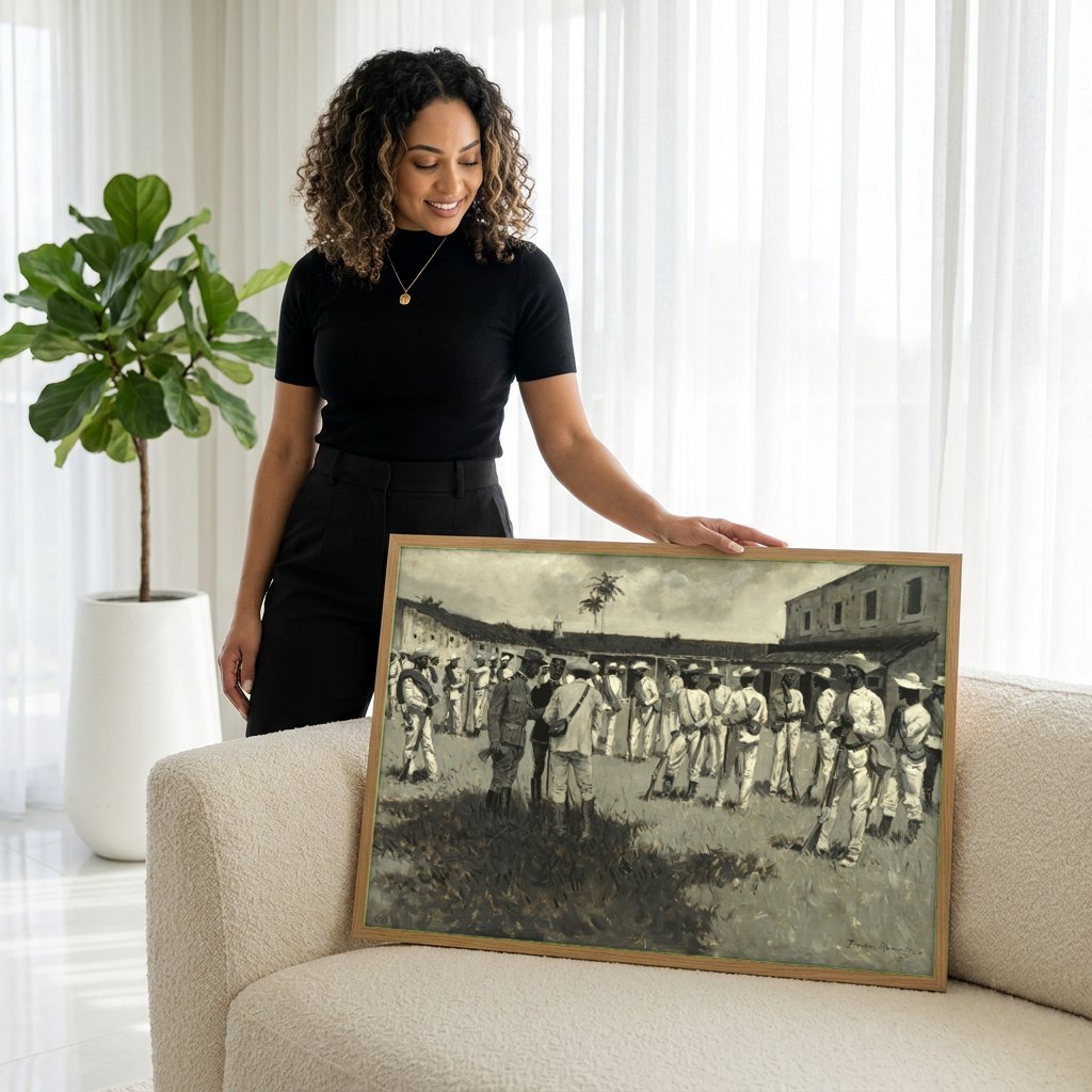 Quadro Decorativo 'Cuban Emigrès' - Frederic Remington | modelo apresentando o quadro emoldurado