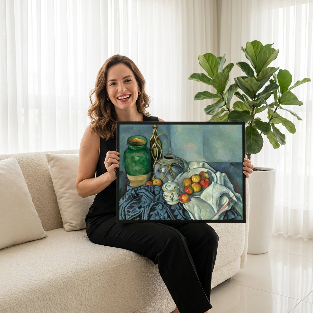 Quadro Decorativo Natureza-Morta com Maçãs - Cézanne | modelo apresentando o quadro emoldurado