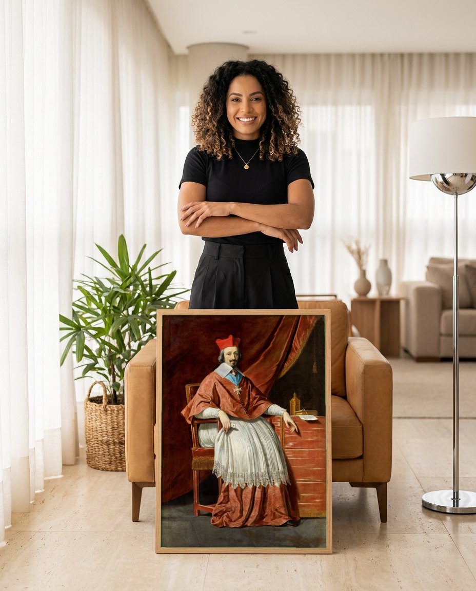 Quadro Decorativo Retrato do Cardeal Richelieu - Philippe de Champaigne | modelo apresentando o quadro emoldurado