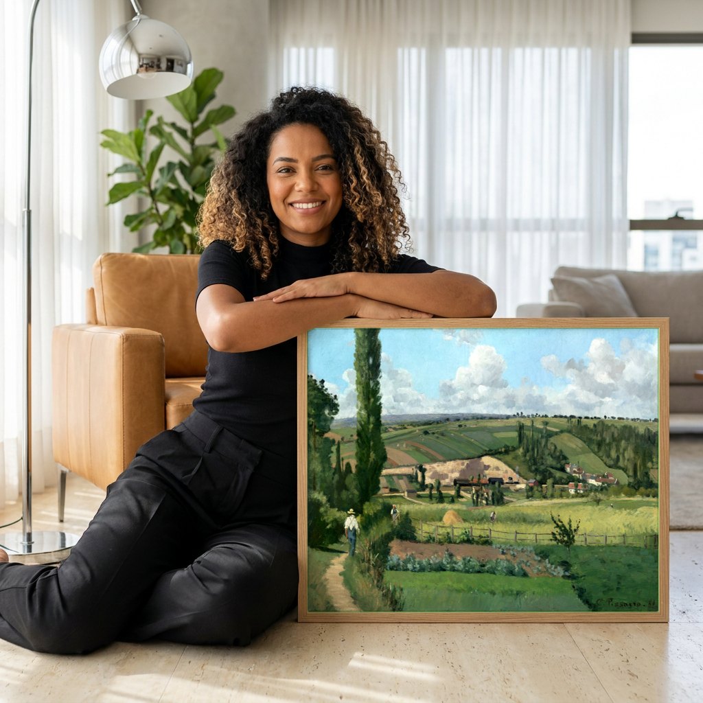 Quadro Decorativo A Colheita em Montfoucault - Pissarro | modelo apresentando o quadro emoldurado