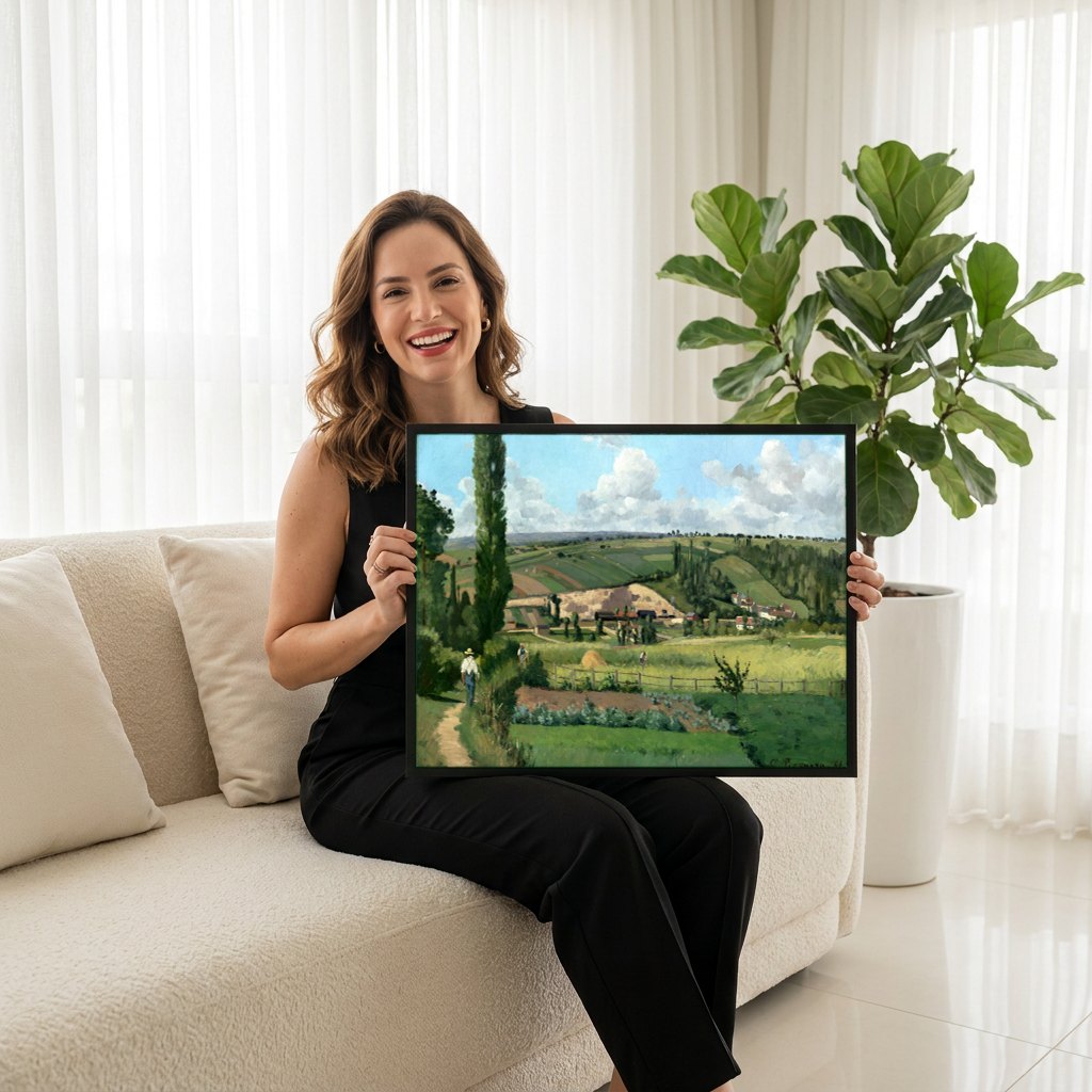 Quadro Decorativo A Colheita em Montfoucault - Pissarro | modelo apresentando o quadro emoldurado