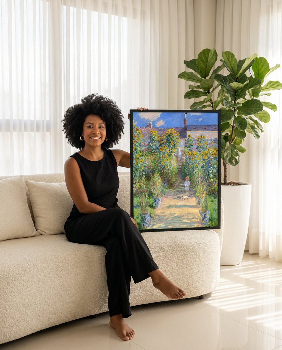 Quadro Decorativo O Caminho de Giverny - Claude Monet | modelo apresentando o quadro emoldurado