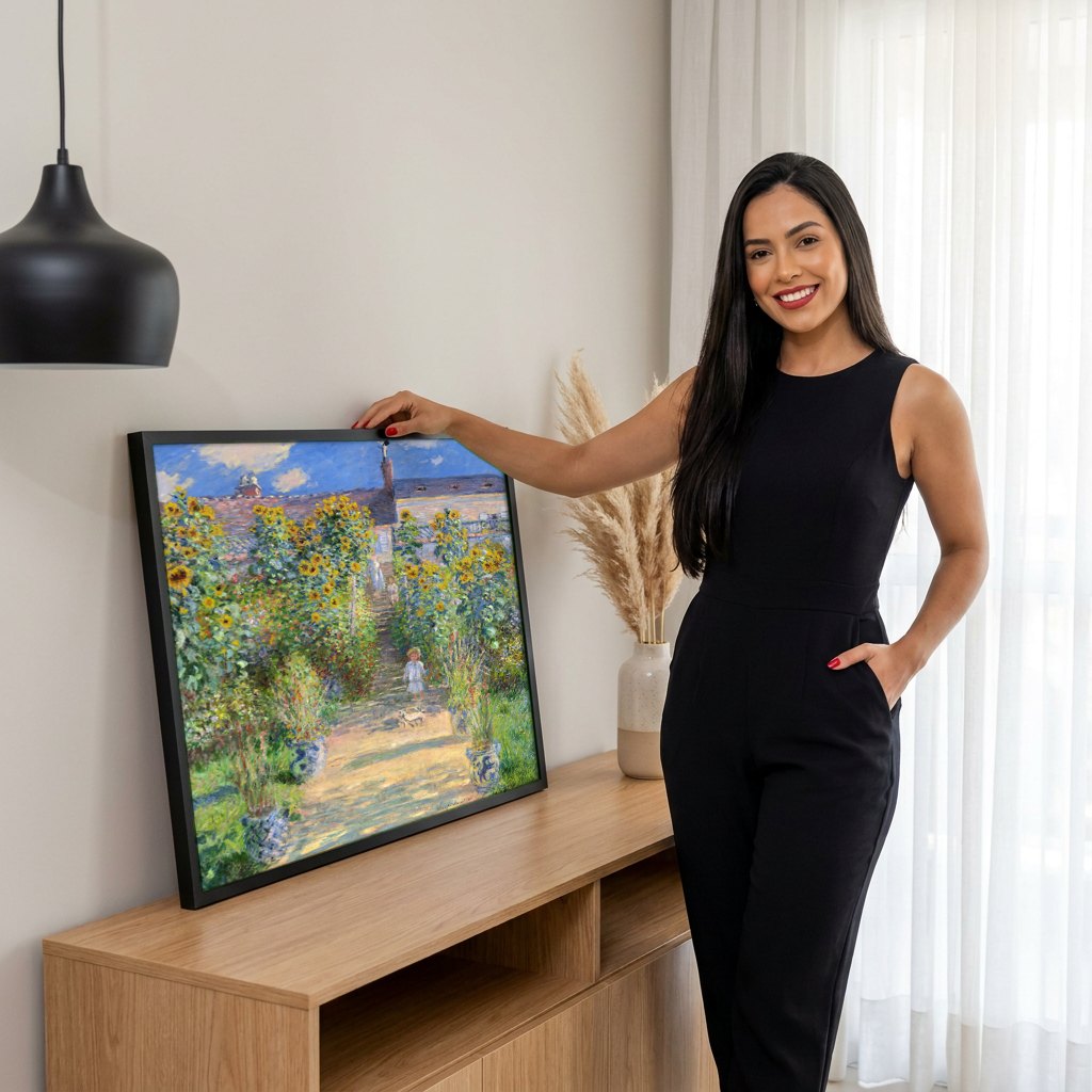 Quadro Decorativo O Caminho de Giverny - Claude Monet | modelo apresentando o quadro emoldurado