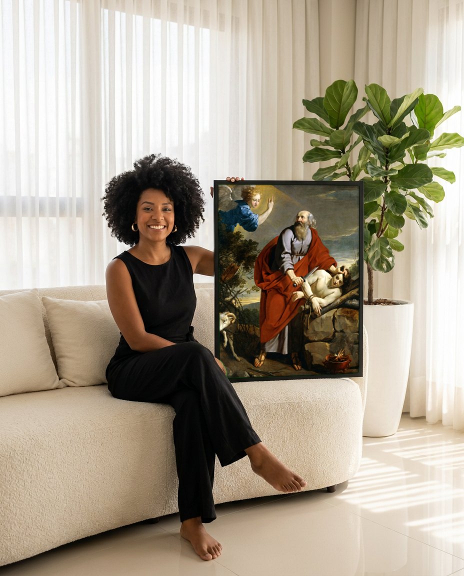 Quadro Decorativo O Sacrifício de Isaac - Philippe de Champaigne | modelo apresentando o quadro emoldurado