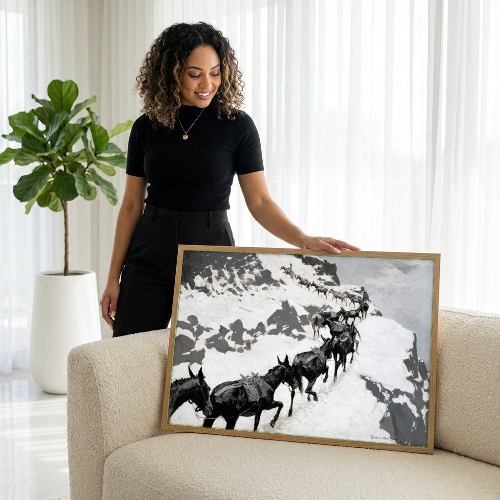 Quadro Decorativo Mulas na Neve - Frederic Remington | modelo apresentando o quadro emoldurado