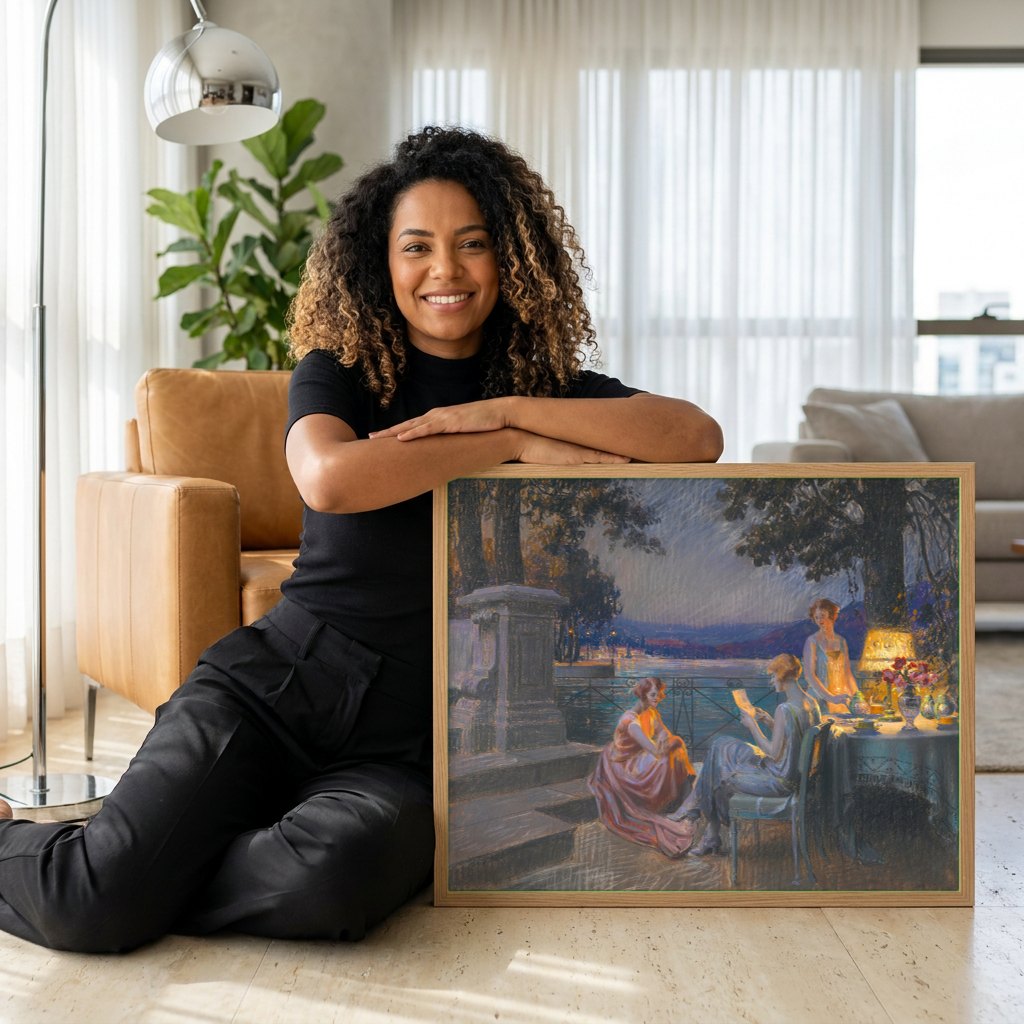 Quadro Decorativo 'Soirée au bord du lac' - Delphin Enjolras | modelo apresentando o quadro emoldurado