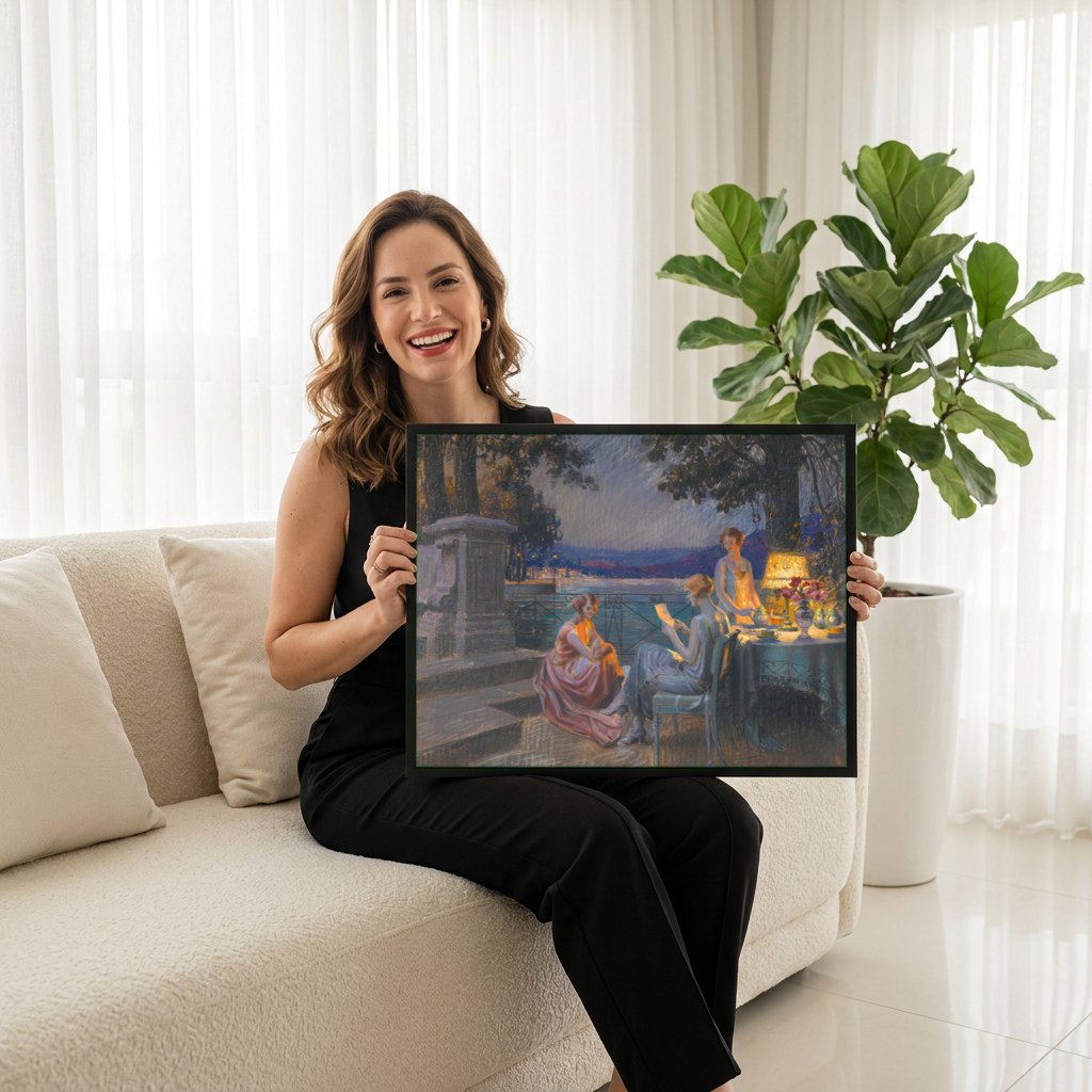 Quadro Decorativo 'Soirée au bord du lac' - Delphin Enjolras | modelo apresentando o quadro emoldurado