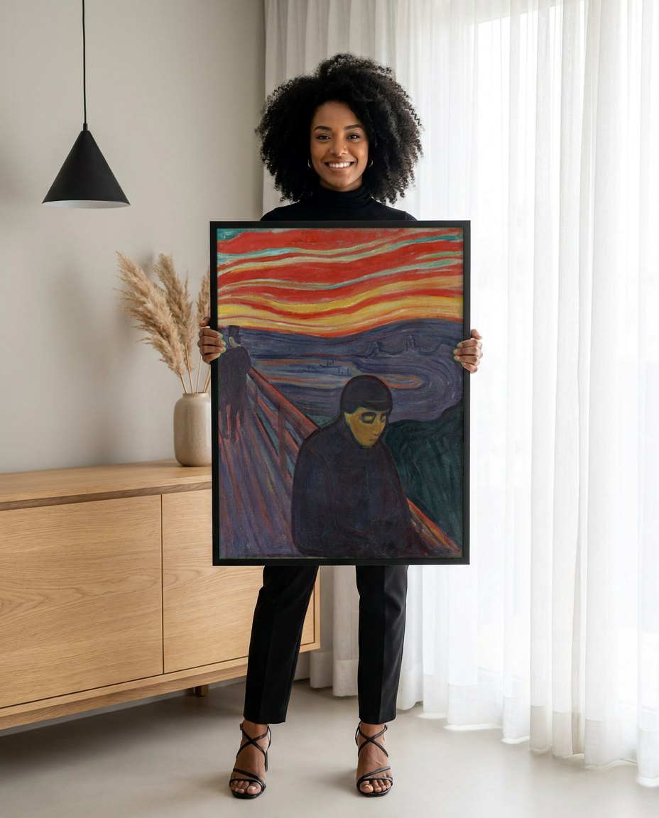 Quadro Decorativo Melancolia - Edvard Munch | modelo apresentando o quadro emoldurado