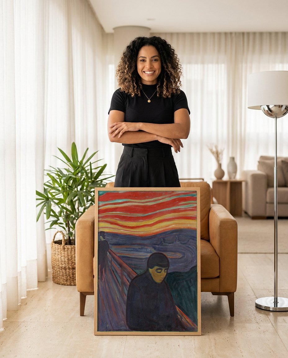 Quadro Decorativo Melancolia - Edvard Munch | modelo apresentando o quadro emoldurado