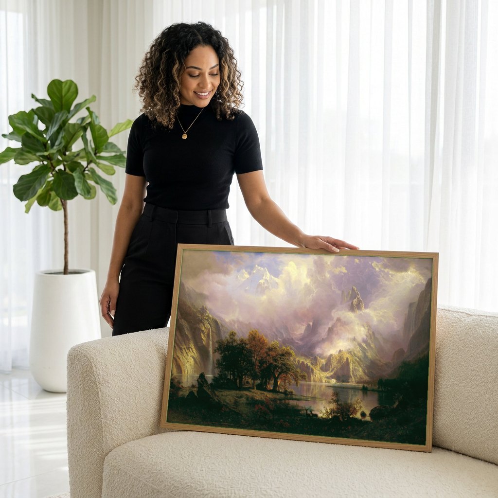 Quadro Decorativo Cume das Montanhas Rochosas - Bierstadt | modelo apresentando o quadro emoldurado