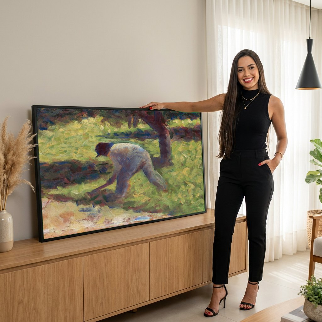 Quadro Decorativo Homem Trabalhando no Campo - Georges Seurat | modelo apresentando o quadro emoldurado