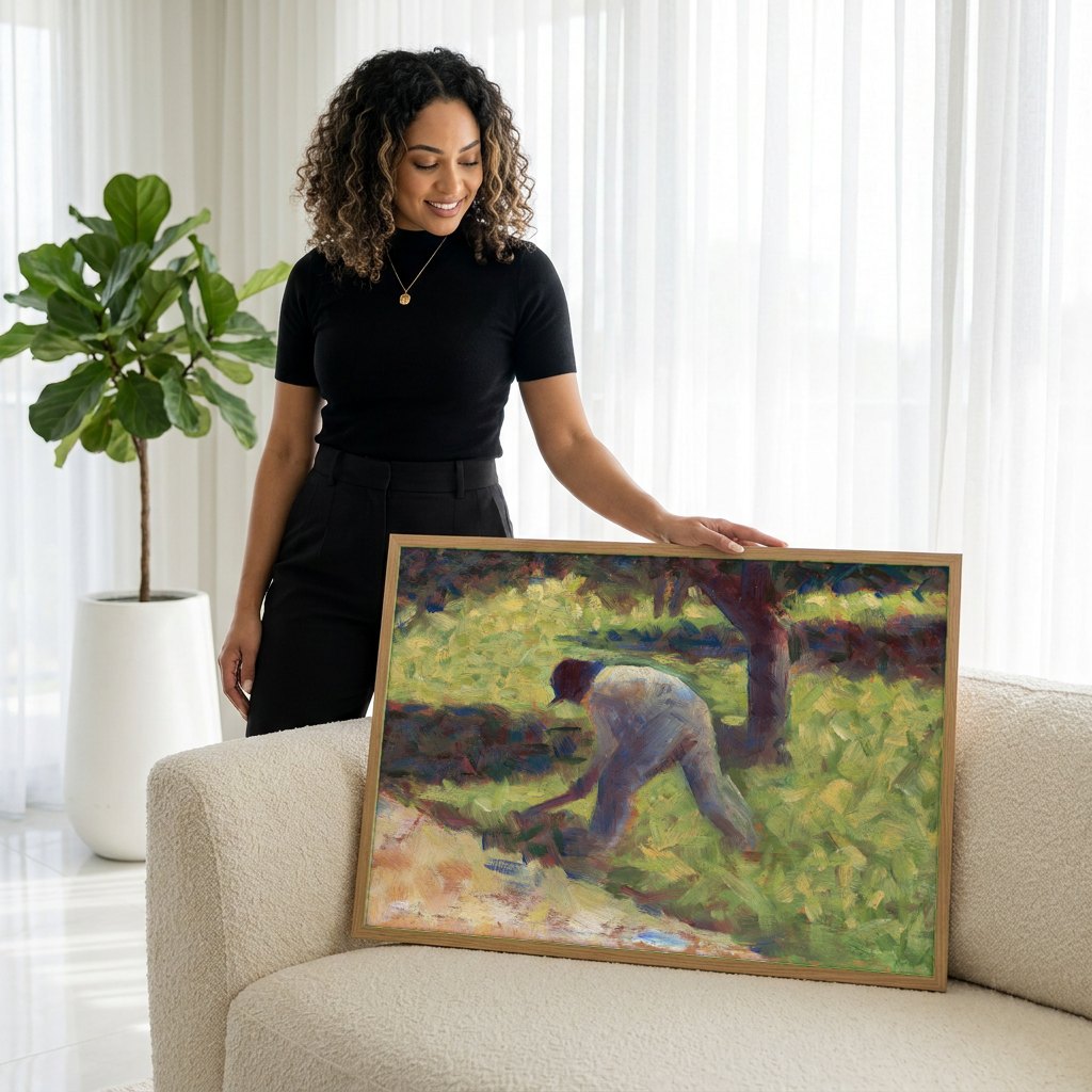 Quadro Decorativo Homem Trabalhando no Campo - Georges Seurat | modelo apresentando o quadro emoldurado
