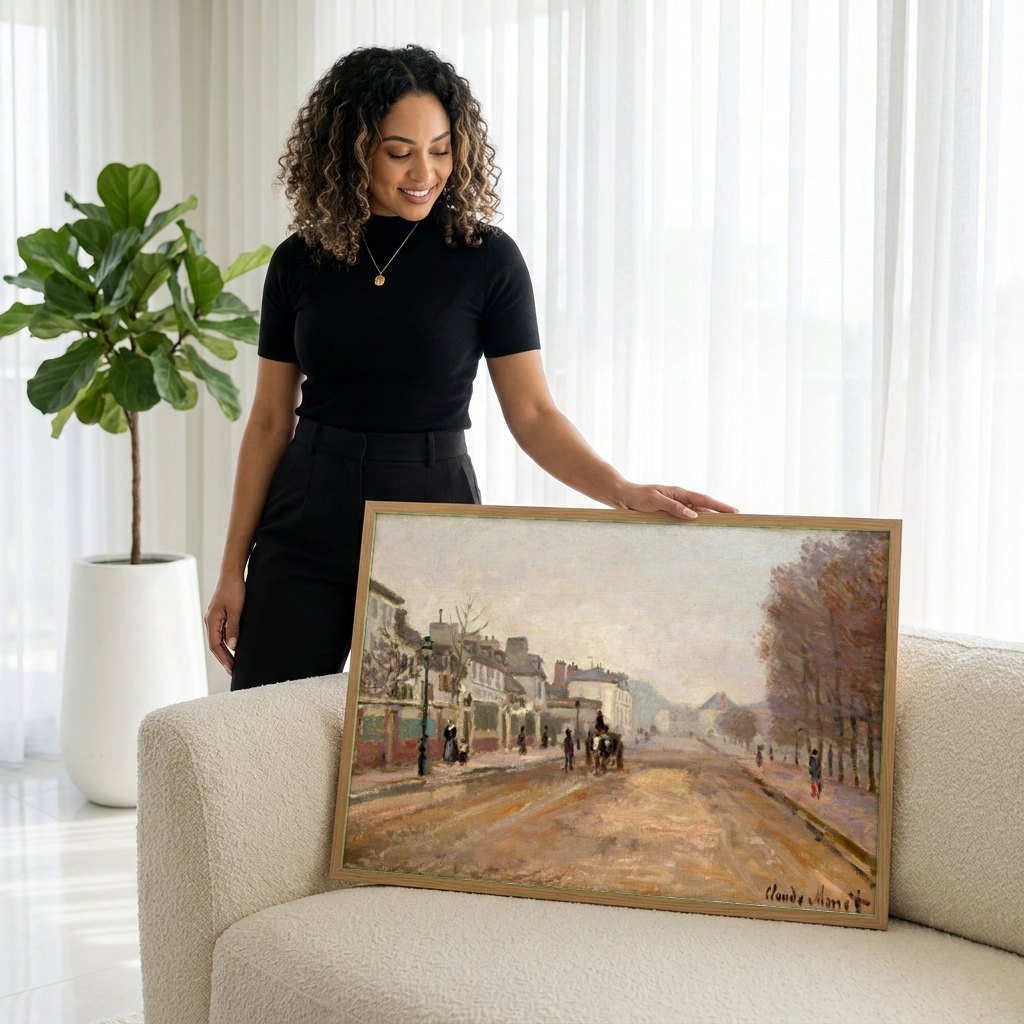 Quadro Decorativo A Avenida de L'Opéra - Claude Monet | modelo apresentando o quadro emoldurado