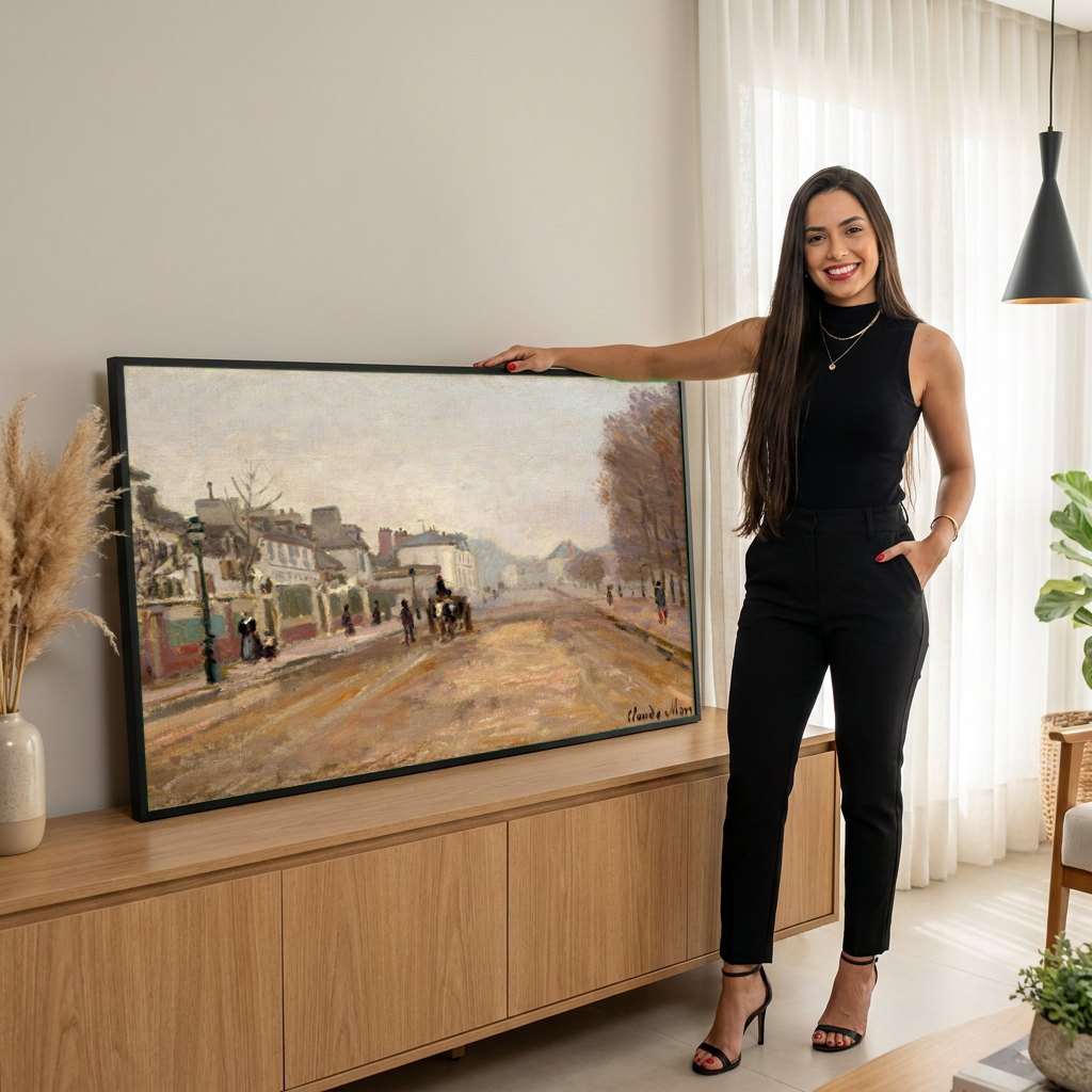 Quadro Decorativo A Avenida de L'Opéra - Claude Monet | modelo apresentando o quadro emoldurado