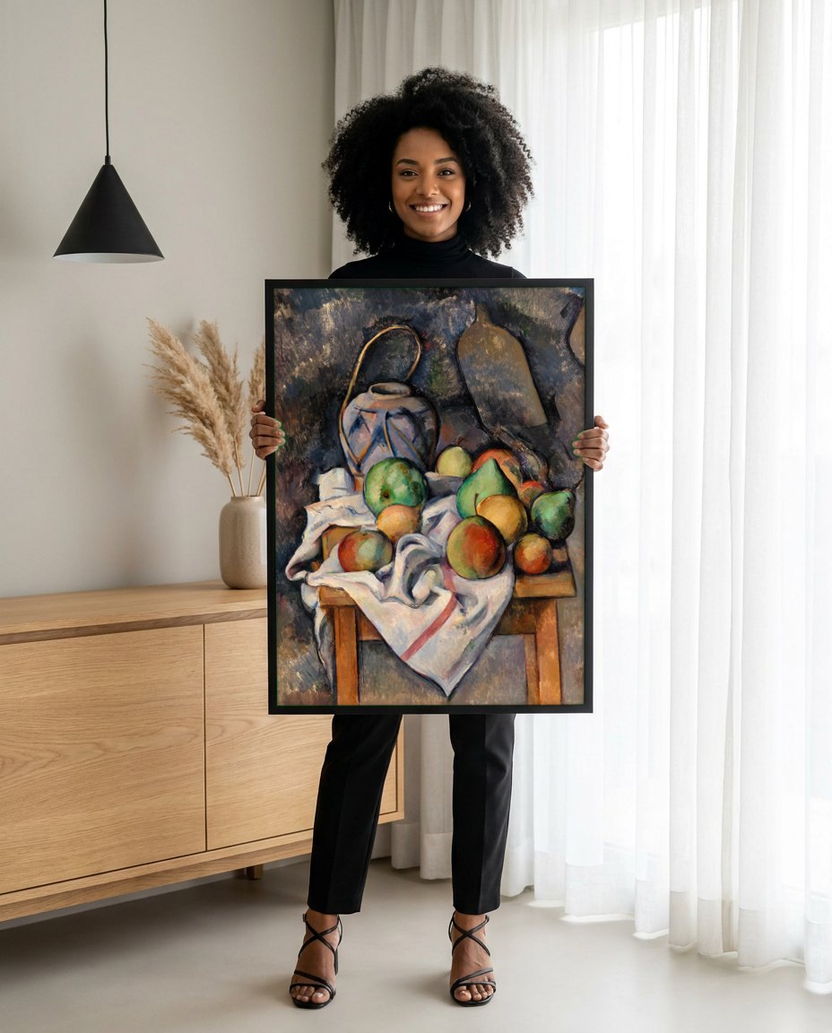 Quadro Decorativo Cesto de Frutas - Paul Cézanne | modelo apresentando o quadro emoldurado
