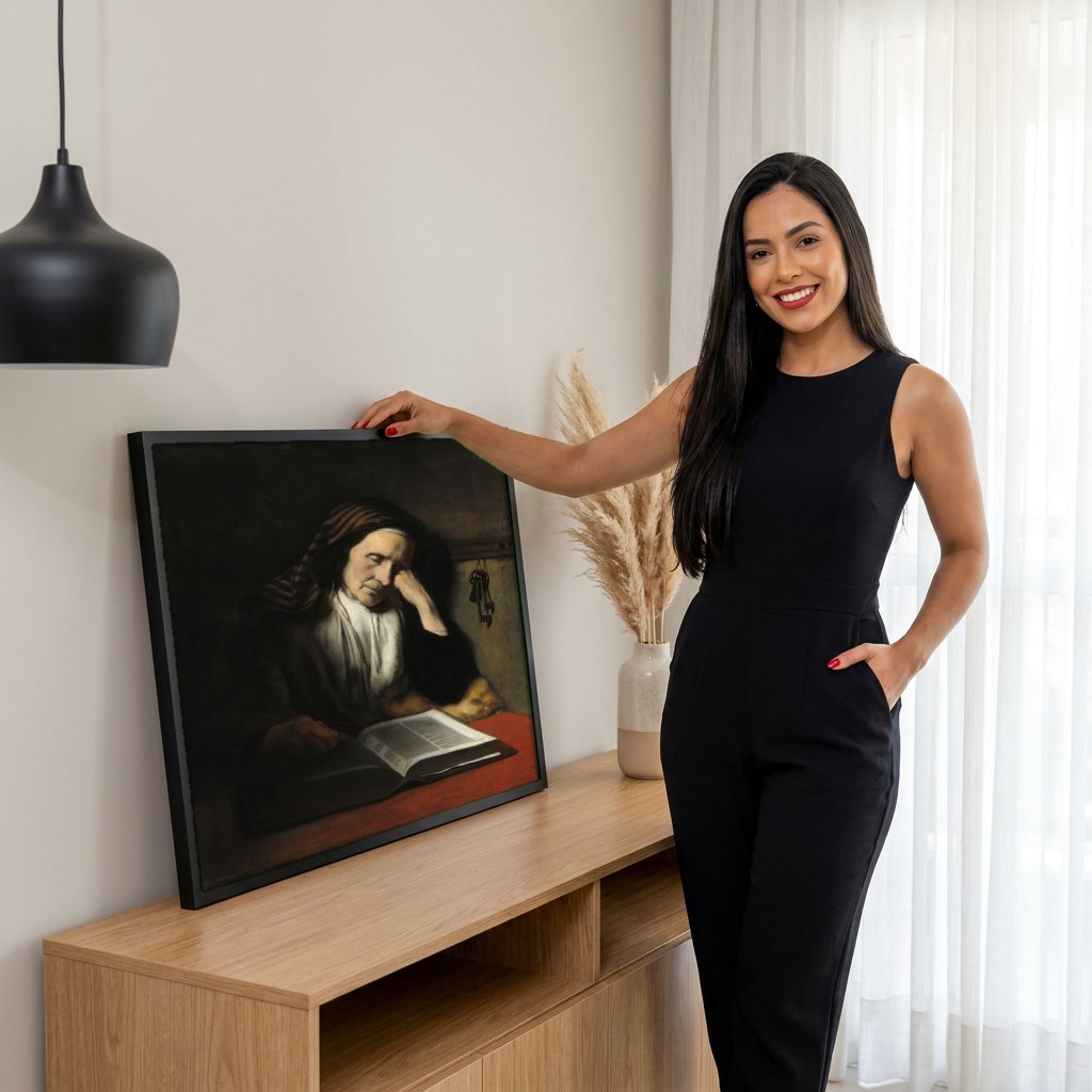 Quadro Decorativo A Velha Adormecida - Nicolaes Maes | modelo apresentando o quadro emoldurado