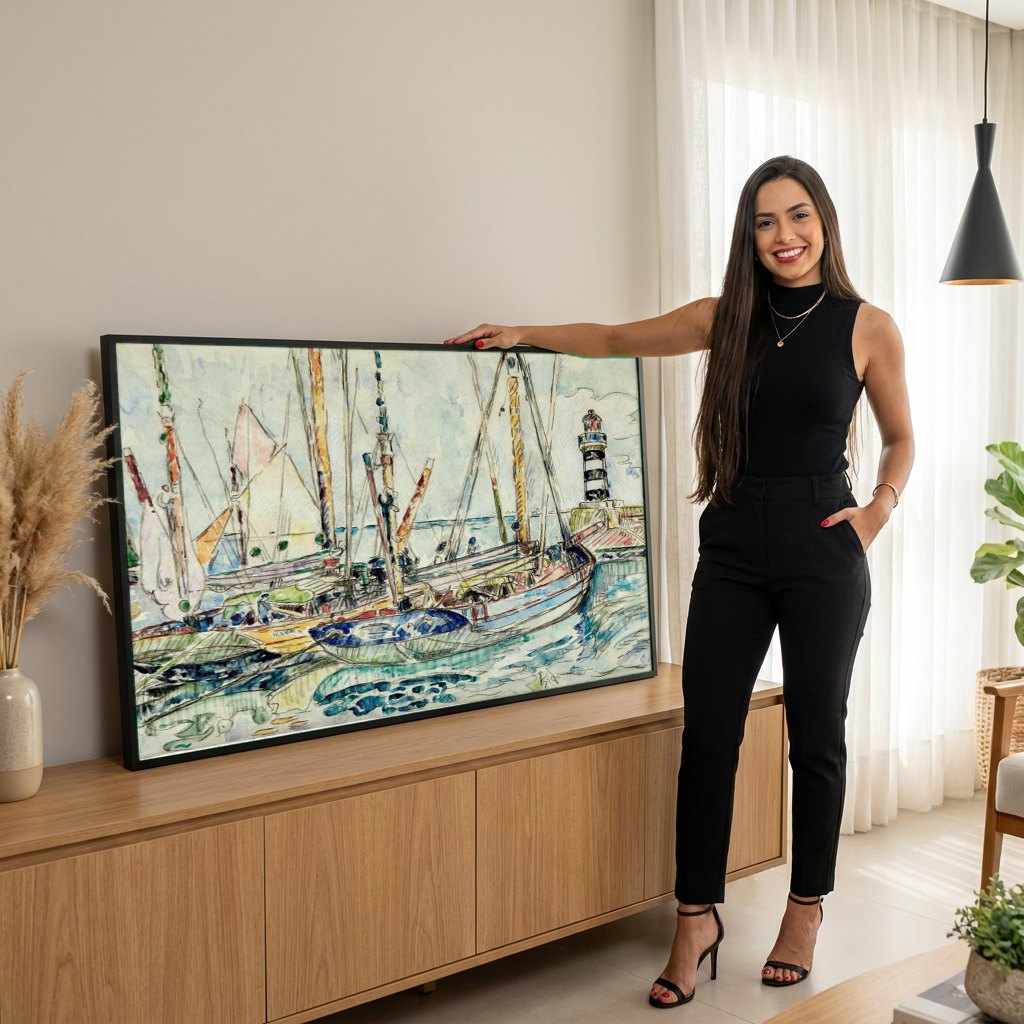 Quadro Decorativo Porto com Farol - Signac | modelo apresentando o quadro emoldurado