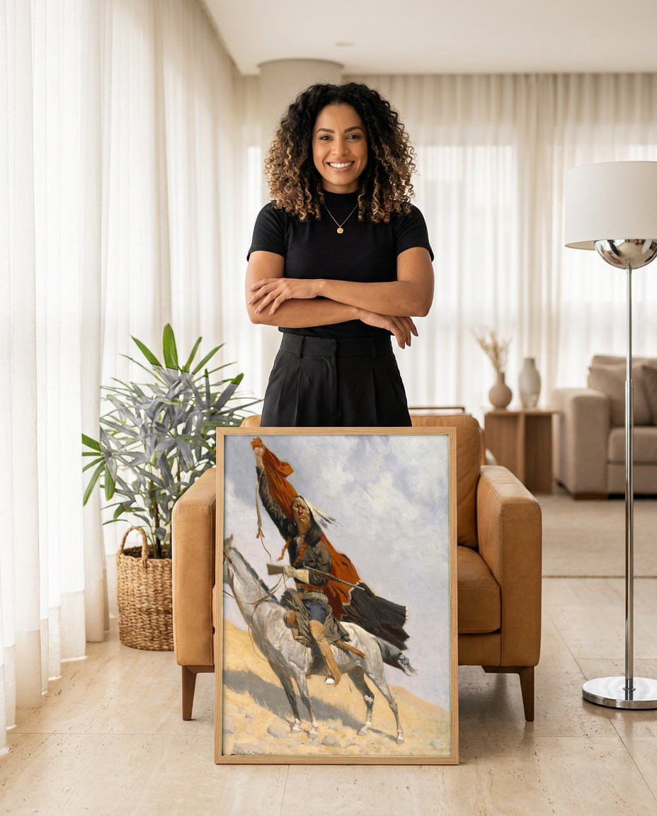 Quadro Decorativo 'O Guerreiro' - Frederic Remington com modelo em ambiente