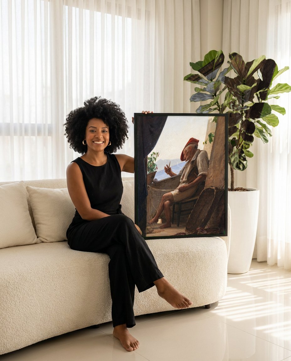 Quadro Decorativo Pescador Napolitano - Carl Bloch com modelo em ambiente