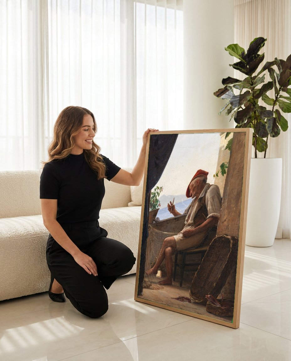 Quadro Decorativo Pescador Napolitano - Carl Bloch com modelo em ambiente